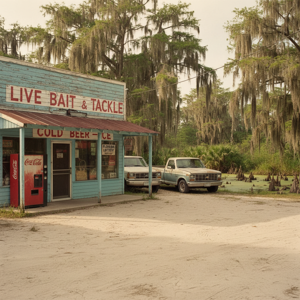 Florida bait shop scene — salt water fishing culture captured in a Retro Tropics lifestyle shot